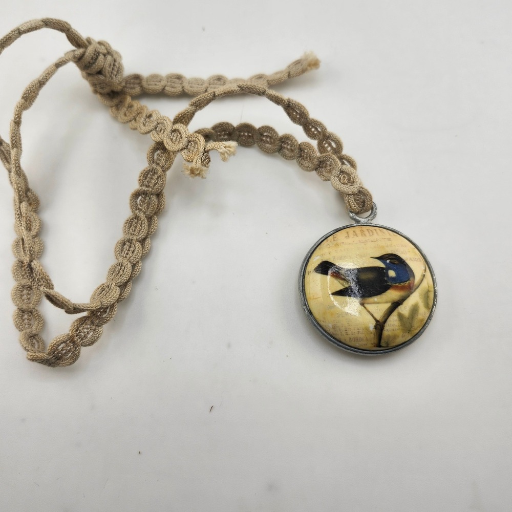 Vintage Style Bird Pendant Necklace With Braided Cord Bluethroat Warbler Gould